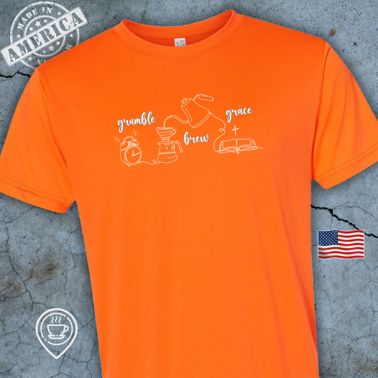 USA-Made Funny Faith Coffee T-Shirt — Grumble Brew Grace Design | Christian Morning Tee