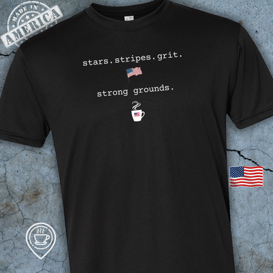 USA-Made Patriotic Coffee T-Shirt — Stars Stripes Grit Strong Grounds | Faith & Freedom Tee