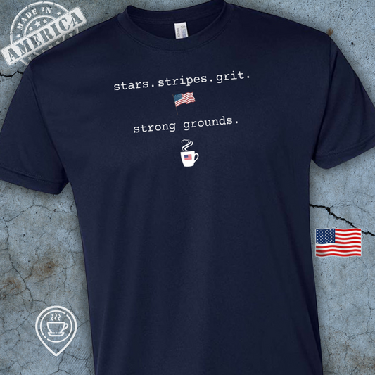USA-Made Patriotic Coffee T-Shirt — Stars Stripes Grit Strong Grounds | Faith & Freedom Tee