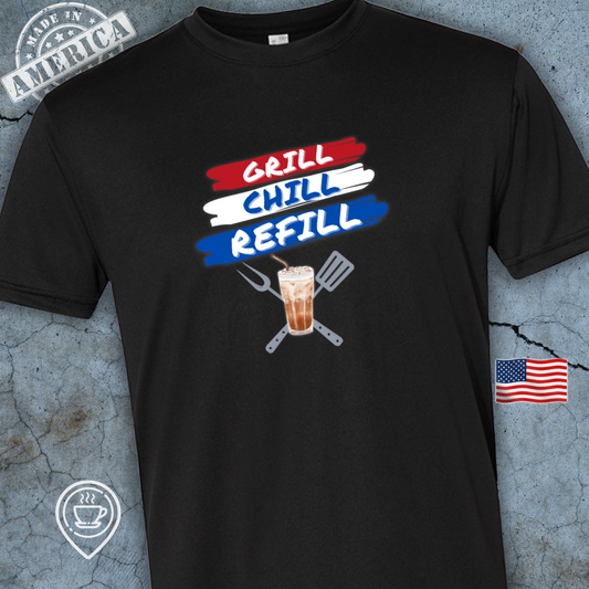 USA-Made Patriotic Coffee T-Shirt — Grill Chill Refill Design | Summer BBQ & Coffee Tee