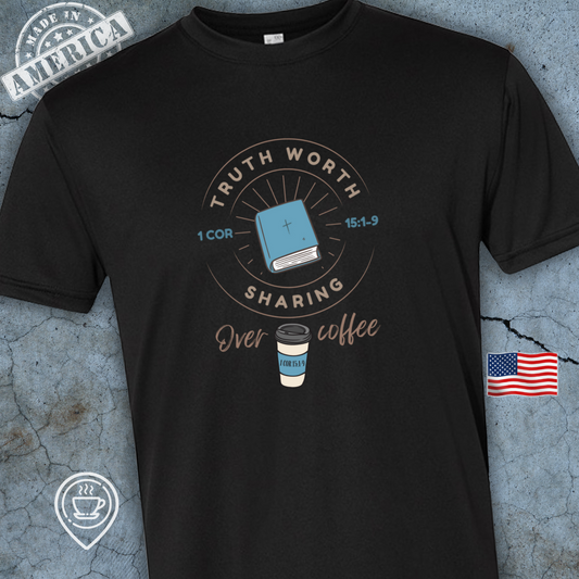 USA-Made Faith and Coffee T-Shirt — Truth Worth Sharing Design | Christian Coffee Tee