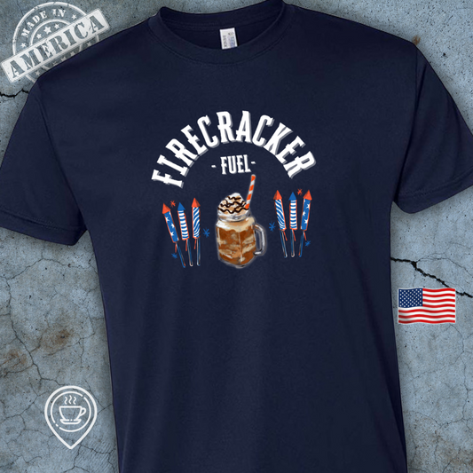 USA-Made Patriotic Coffee T-Shirt — Firecracker Fuel Design | 4th of July Freedom Tee
