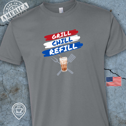 USA-Made Patriotic Coffee T-Shirt — Grill Chill Refill Design | Summer BBQ & Coffee Tee